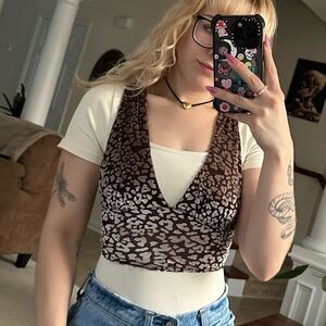 Urban Outfitters Brown and Gold Cheetah Print Plunge Neck Crop Top Tank
